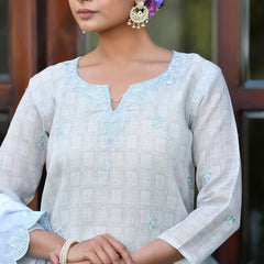 Women Grey Linen Suit  Set with cutwork dupatta