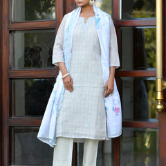 Women Grey Linen Suit  Set with cutwork dupatta