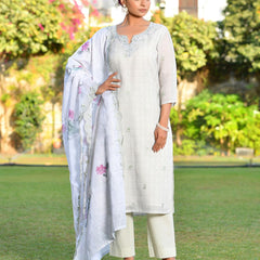 Women Grey Linen Suit  Set with cutwork dupatta