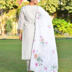 Women Grey Linen Suit  Set with cutwork dupatta