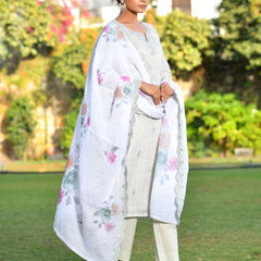 Women Grey Linen Suit  Set with cutwork dupatta