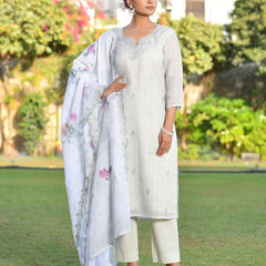 Women Grey Linen Suit  Set with cutwork dupatta