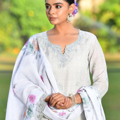 Women Grey Linen Suit  Set with cutwork dupatta