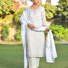 Women Grey Linen Suit  Set with cutwork dupatta