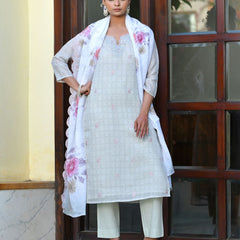 Women Grey Linen Suit  Set with cutwork dupatta