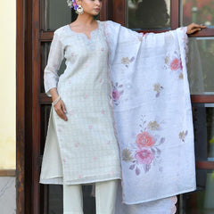 Women Grey Linen Suit  Set with cutwork dupatta