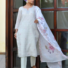 Women Grey Linen Suit  Set with cutwork dupatta