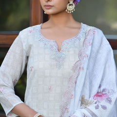 Women Grey Linen Suit  Set with cutwork dupatta