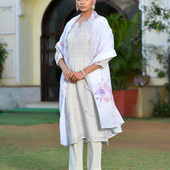 Women Grey Linen Suit  Set with cutwork dupatta