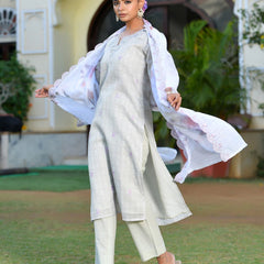 Women Grey Linen Suit  Set with cutwork dupatta