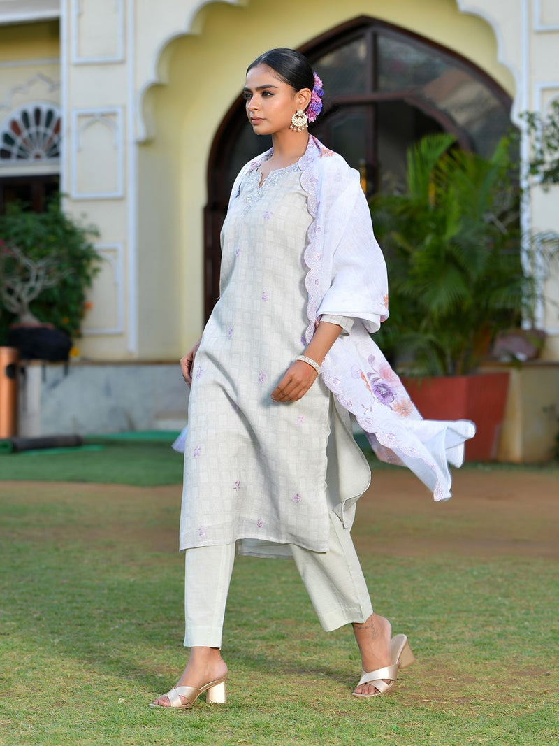 Women Grey Linen Suit  Set with cutwork dupatta