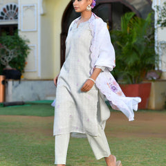 Women Grey Linen Suit  Set with cutwork dupatta