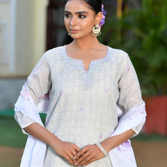 Women Grey Linen Suit  Set with cutwork dupatta