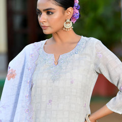 Women Grey Linen Suit  Set with cutwork dupatta