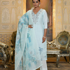 Women Linen suit set with Printed Dupatta