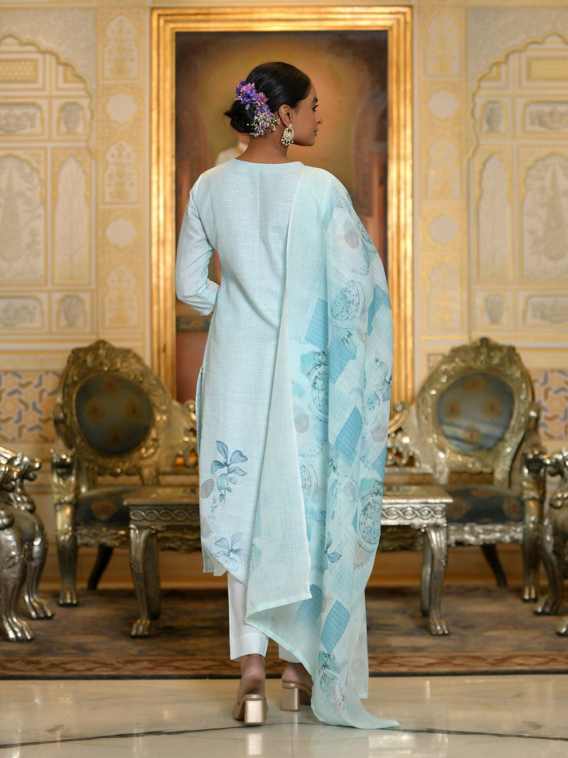 Women Linen suit set with Printed Dupatta