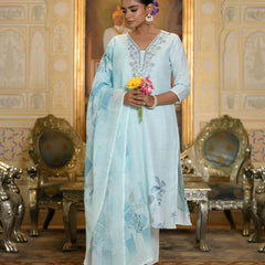 Women Linen suit set with Printed Dupatta