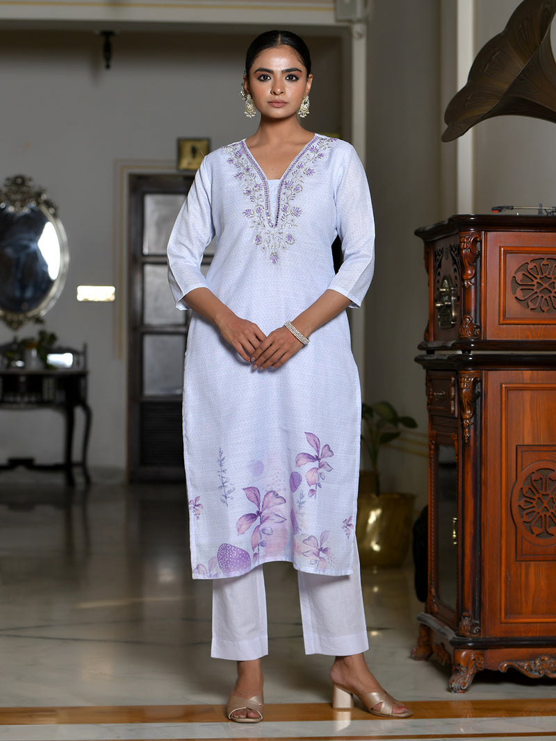 Women Linen suit set with Printed Dupatta