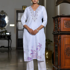 Women Linen suit set with Printed Dupatta