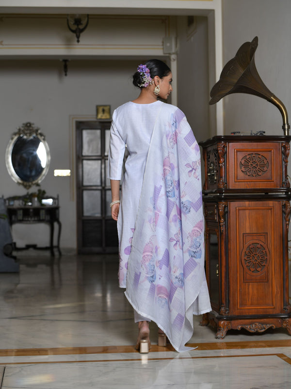 Women Linen suit set with Printed Dupatta