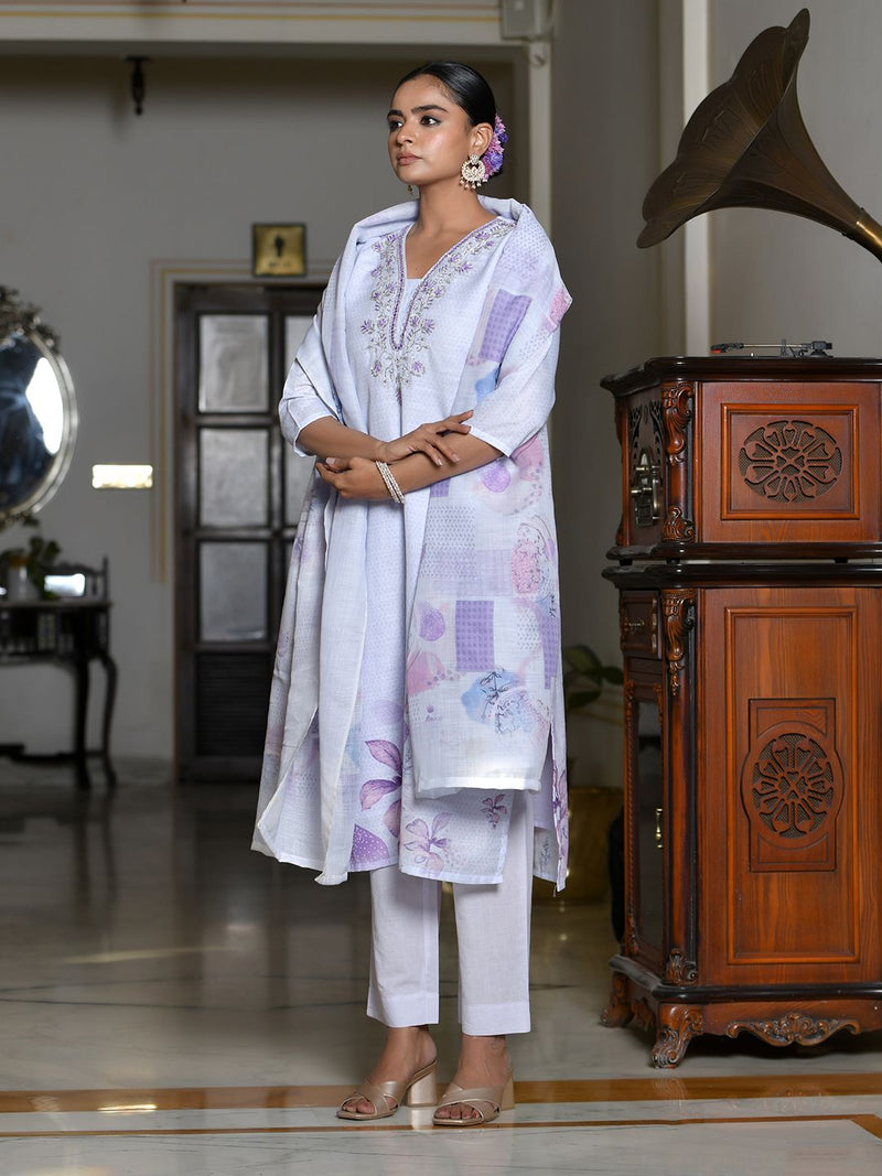 Women Linen suit set with Printed Dupatta