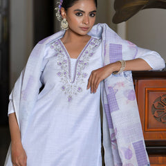 Women Linen suit set with Printed Dupatta