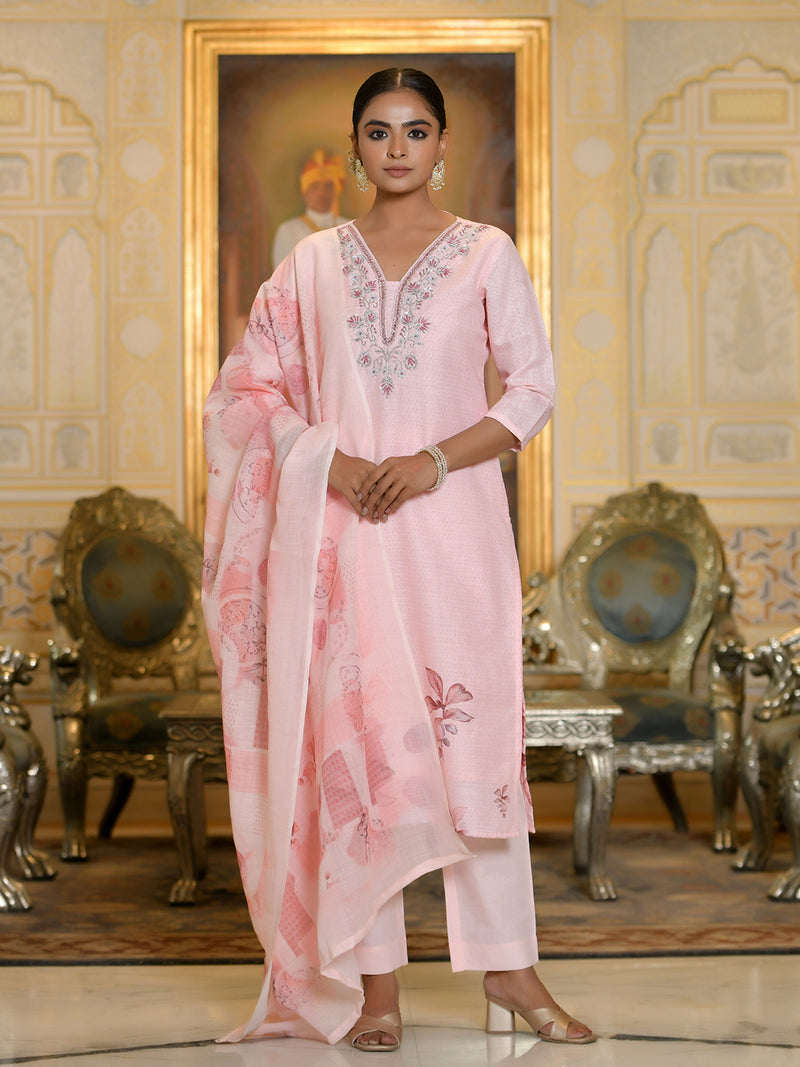 Women Linen suit set with Printed Dupatta