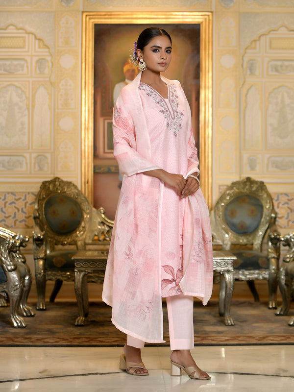Women Linen suit set with Printed Dupatta
