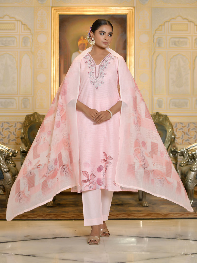 Women Linen suit set with Printed Dupatta