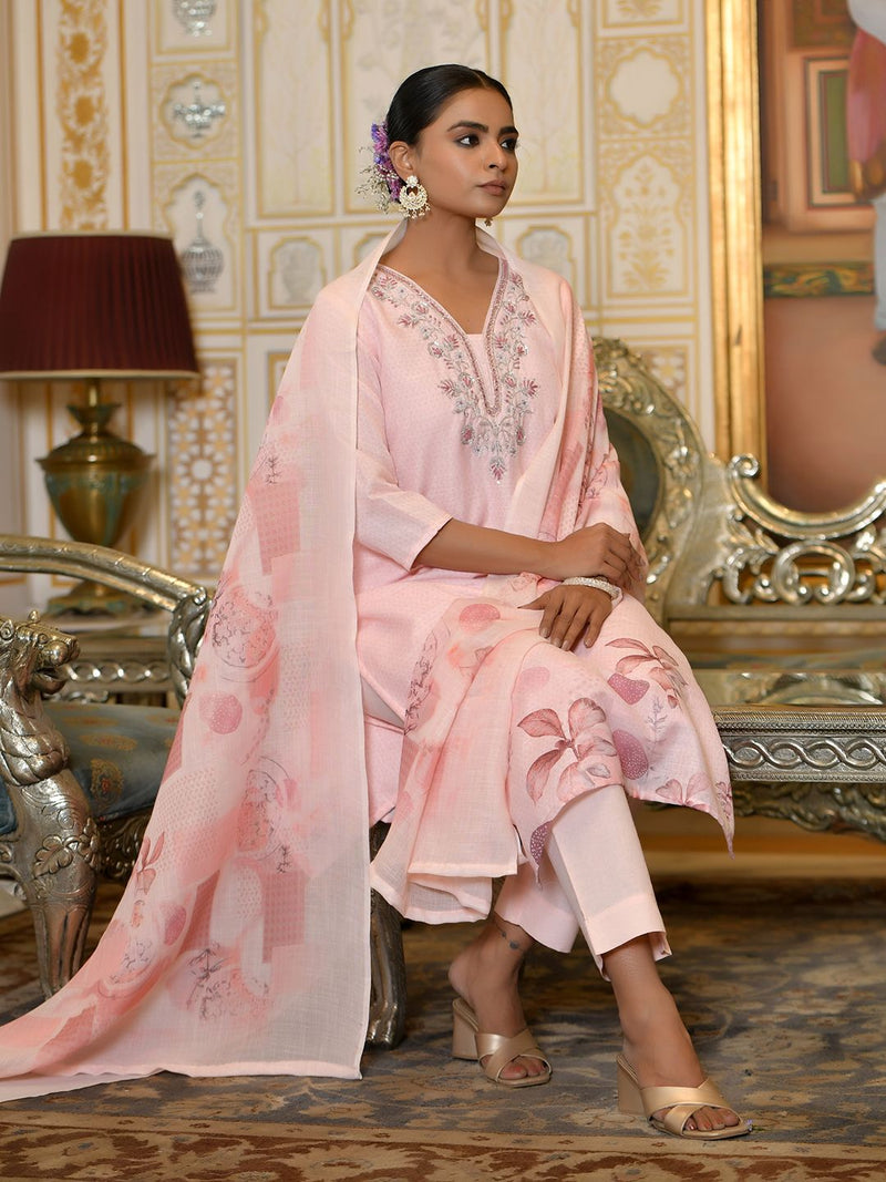 Women Linen suit set with Printed Dupatta