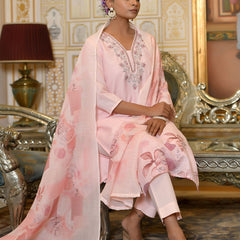 Women Linen suit set with Printed Dupatta