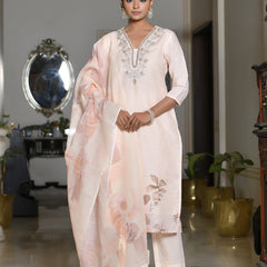 Women Linen suit set with Printed Dupatta