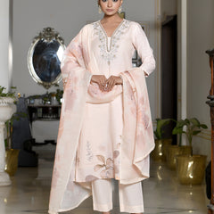 Women Linen suit set with Printed Dupatta