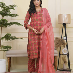Women Maroon Cotton kurta with cotton pant & dupatta