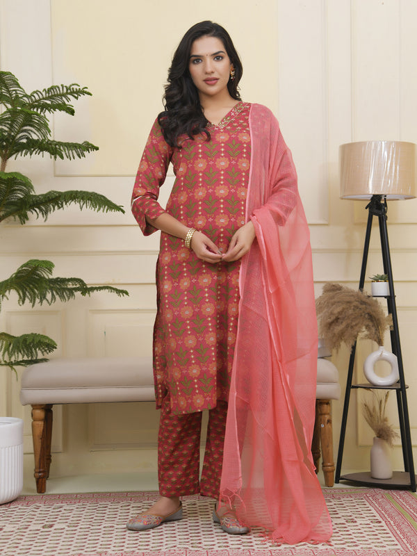 Women Maroon Cotton kurta with cotton pant & dupatta