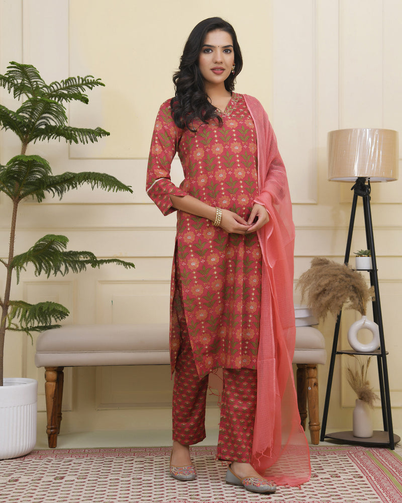 Women Maroon Cotton kurta with cotton pant & dupatta