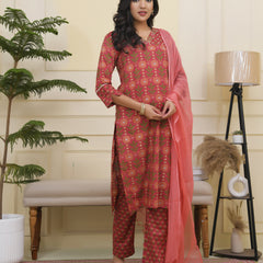 Women Maroon Cotton kurta with cotton pant & dupatta