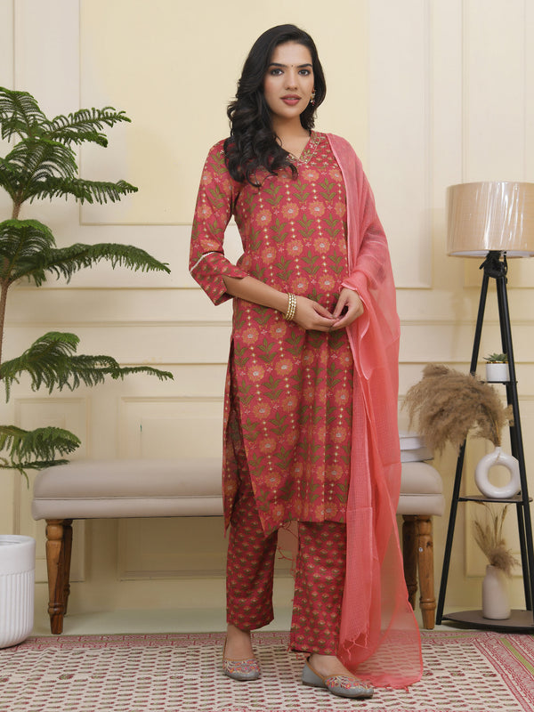 Women Maroon Cotton kurta with cotton pant & dupatta