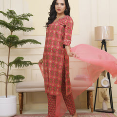 Women Maroon Cotton kurta with cotton pant & dupatta