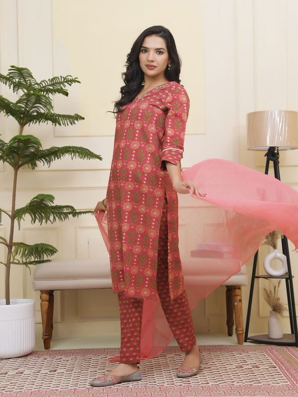 Women Maroon Cotton kurta with cotton pant & dupatta