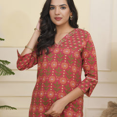 Women Maroon Cotton kurta with cotton pant & dupatta
