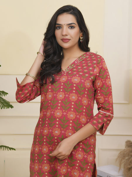 Women Maroon Cotton kurta with cotton pant & dupatta