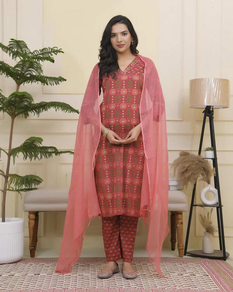 Women Maroon Cotton kurta with cotton pant & dupatta
