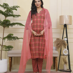 Women Maroon Cotton kurta with cotton pant & dupatta