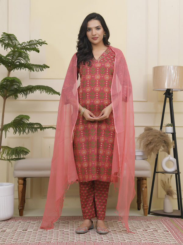 Women Maroon Cotton kurta with cotton pant & dupatta