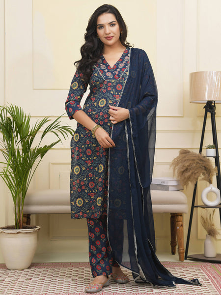 Women Navy Cotton kurta with cotton pant & dupatta