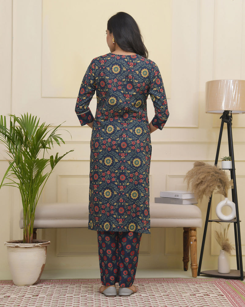 Women Navy Cotton kurta with cotton pant & dupatta