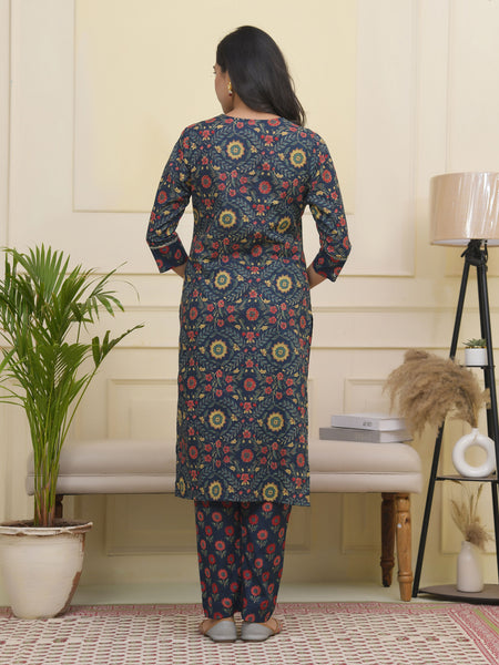 Women Navy Cotton kurta with cotton pant & dupatta