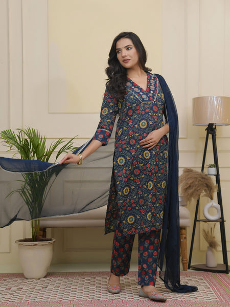 Women Navy Cotton kurta with cotton pant & dupatta