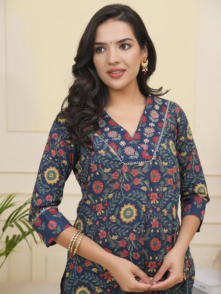 Women Navy Cotton kurta with cotton pant & dupatta